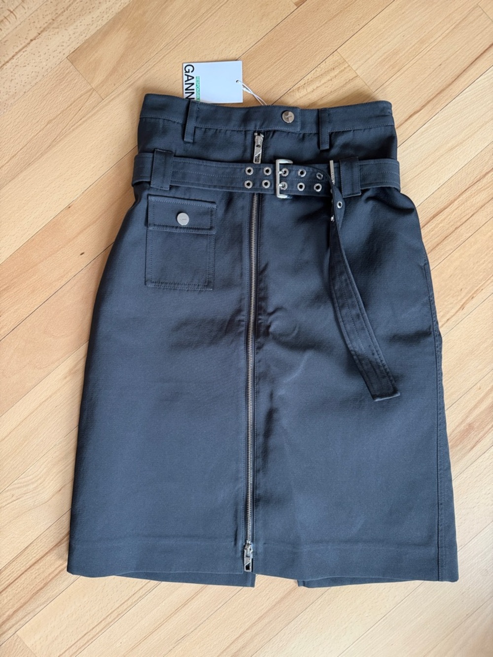 Ganni Black High-Waist Zip-Front Pencil Skirt with Belt